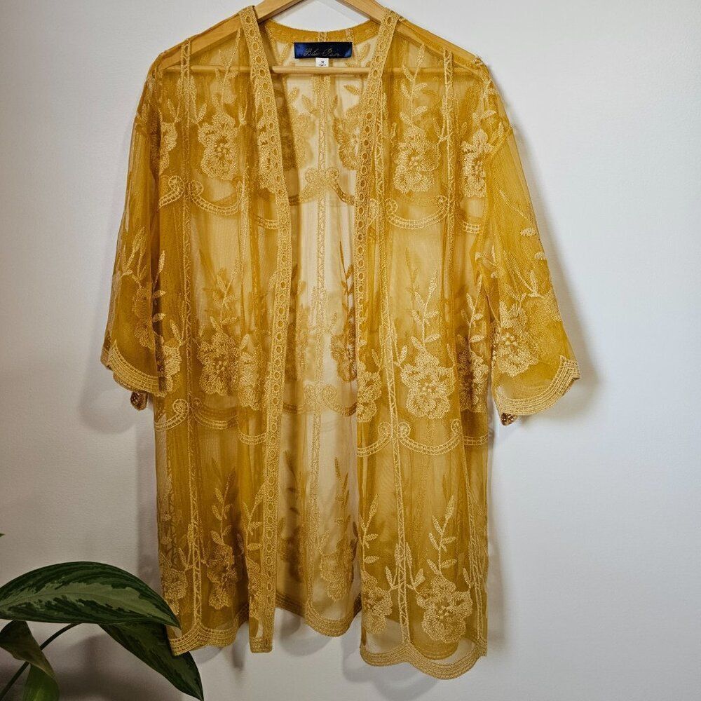 EUC LIKE NEW BLUE RAIN MUSTARD LACE EMBROIDERED BOHO KIMONO TOP SIZE M - Picture 2 of 13